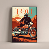 Dripster premium bike posters India featuring vintage motorcycle rider against mountain backdrop